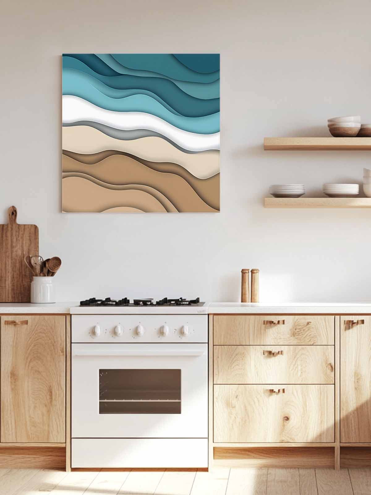 Turquoise Brown Ombre Canvas Wall Art, Turquoise Gradient Abstract Wave Geometric Framed Wall Decor Modern Artwork Prints Painting for Living Room, Bedroom, Kitchen & Cafe Decor 28x28 Inch