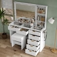 thumbnail image 2 of 47'' W Fluted Vanity Desk, Makeup Vanity With Power Oultlet, 7 Drawers Vanity With 10 LED Lights And Mirror, 3 Lighting Modes Adjustable, Glass Top, Vanity With Chair For Bedroom, Natural, 2 of 7