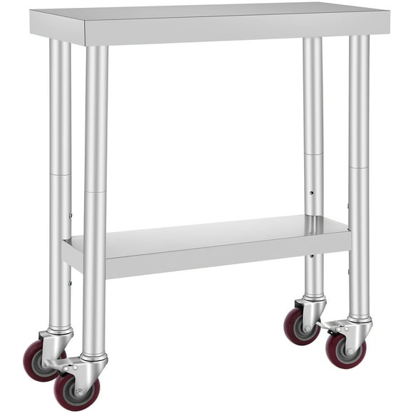 KFFKFF Silver Commercial Kitchen Workstation, 30x12x34 Inches, 700 LBS Weight Limit, Equipped with 4 Casters, 3 Height Adjustment Options, Robust Stainless Steel Food Preparation Table
