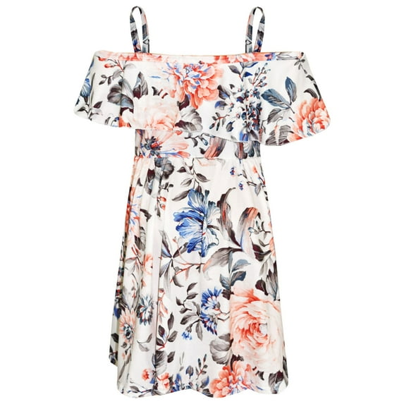 Girls Skater Dress Kids Peach Floral Summer Party Off Shoulder Dresses 7-13 Year