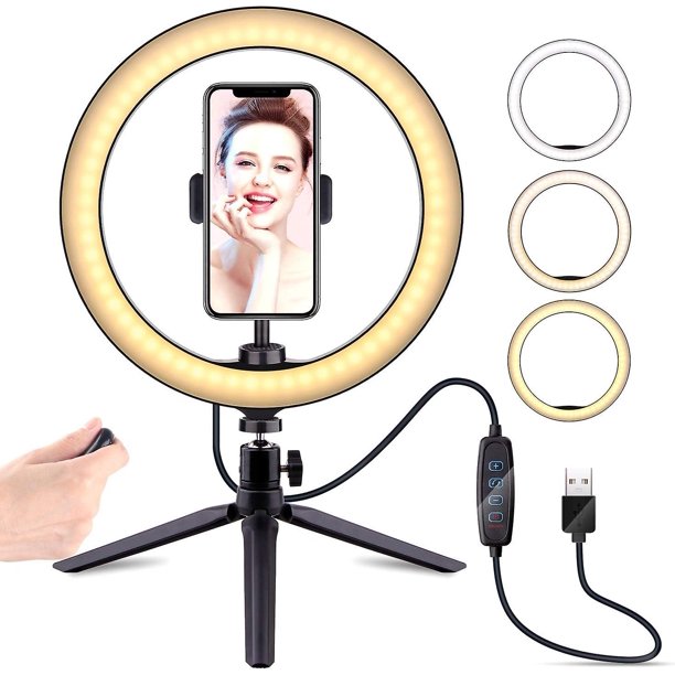 Anillo de luz para selfies de 10 "con soporte para trípode, lámpara LED de escritorio regulable, luz de anillo para cámara con obturador remoto inalámbrico para transmisión en vivo