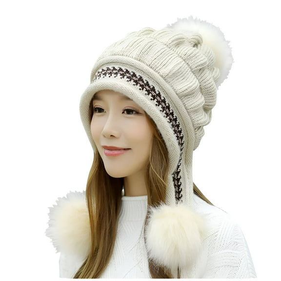 TELOLY Women Winter Knitted Beanie Hat with Pompoms Ski Snow Ear Flaps Sherpa Knit Thick Warm Soft Hats Windproof for Cold Weather Beanie for Women Beige One Size