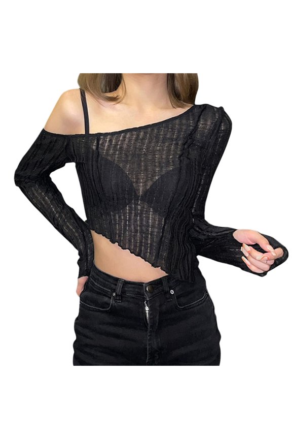 Womens Shirts Tops Solid Color Hollow Type Irregular Long Sleeved Strapless Plain Tees Blouses Black M
