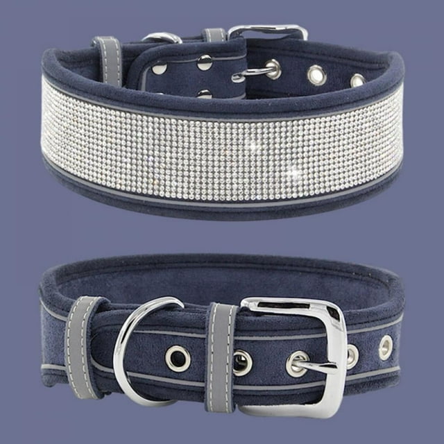 DEBGFS New Pet Reflective Collar Rhinestone Dog Collar Medium And Large Dogs Suede Reflective Dog Collar,navyblue,s46*4.0cm/18.1*1.6``