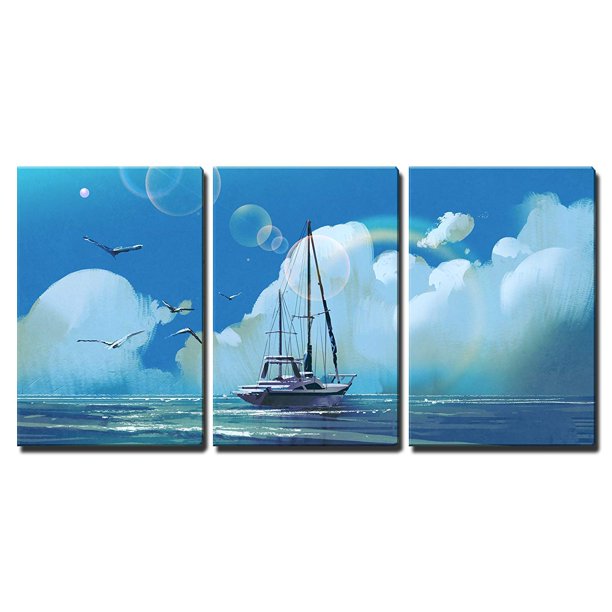 Wall26 3 Piece Canvas Wall Art The Sailboat In The Sea Against Summer Sky With Big
