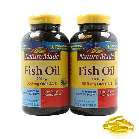 Nature Made Fish Oil .. 1200 mg Softgels, Omega .. 3 - for Healthy .. Heart Support, Omega 360mg .. FishOil Supplements and 400 .. Softgels, 200 Day Supply .. (Twin Pack)