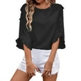 thumbnail image 1 of Women's Solid Color Long Sleeve Round Neck Top - Irregular Hem and Lace Detail, 1 of 8