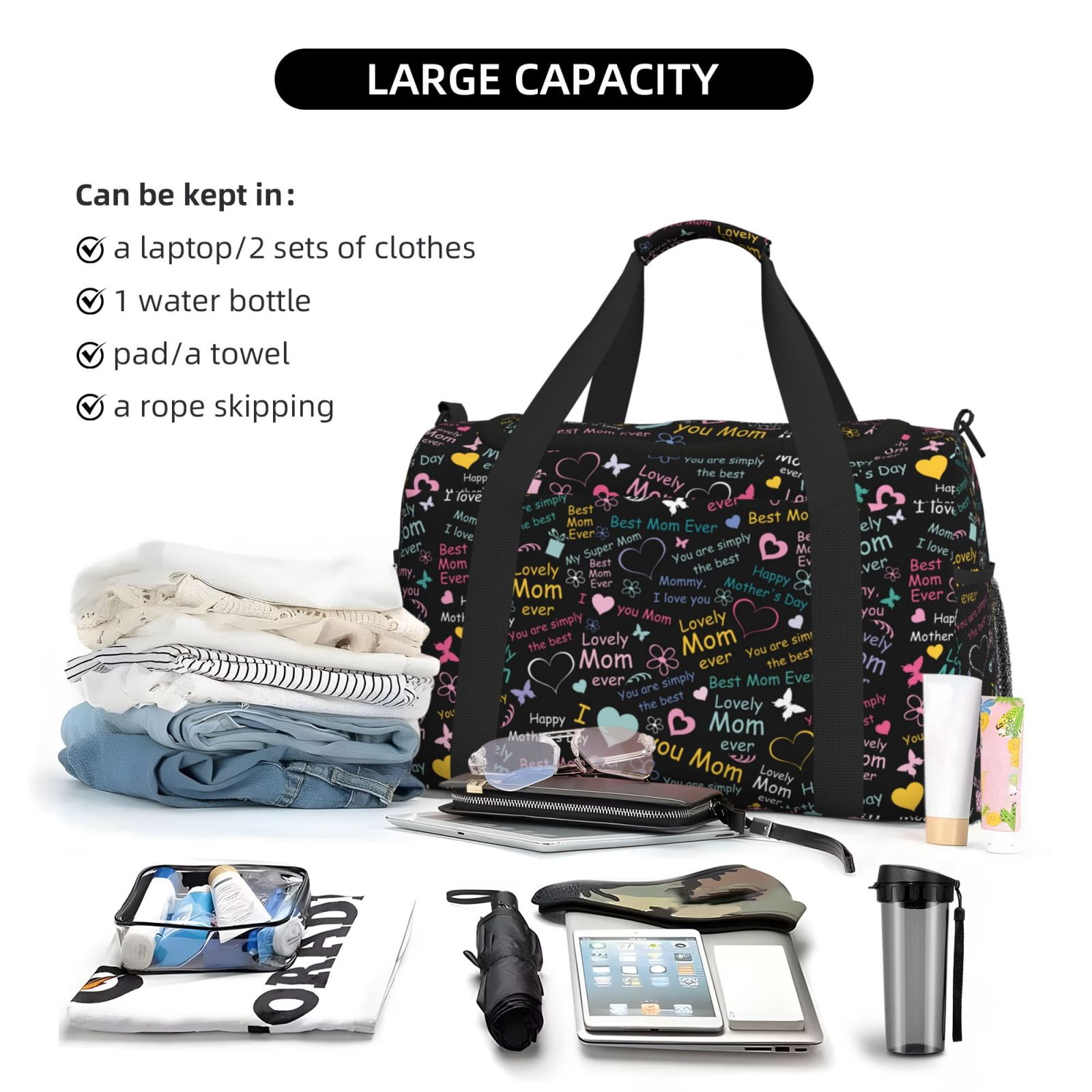 Fuzoiu I love you Mom Print Travel Duffle Bag,Carry On Tote Bags,Duffel Bag,Sport Gym Bag, Hospital Bag for Labor and Delivery, Overnight Bag,Luggage Bag
