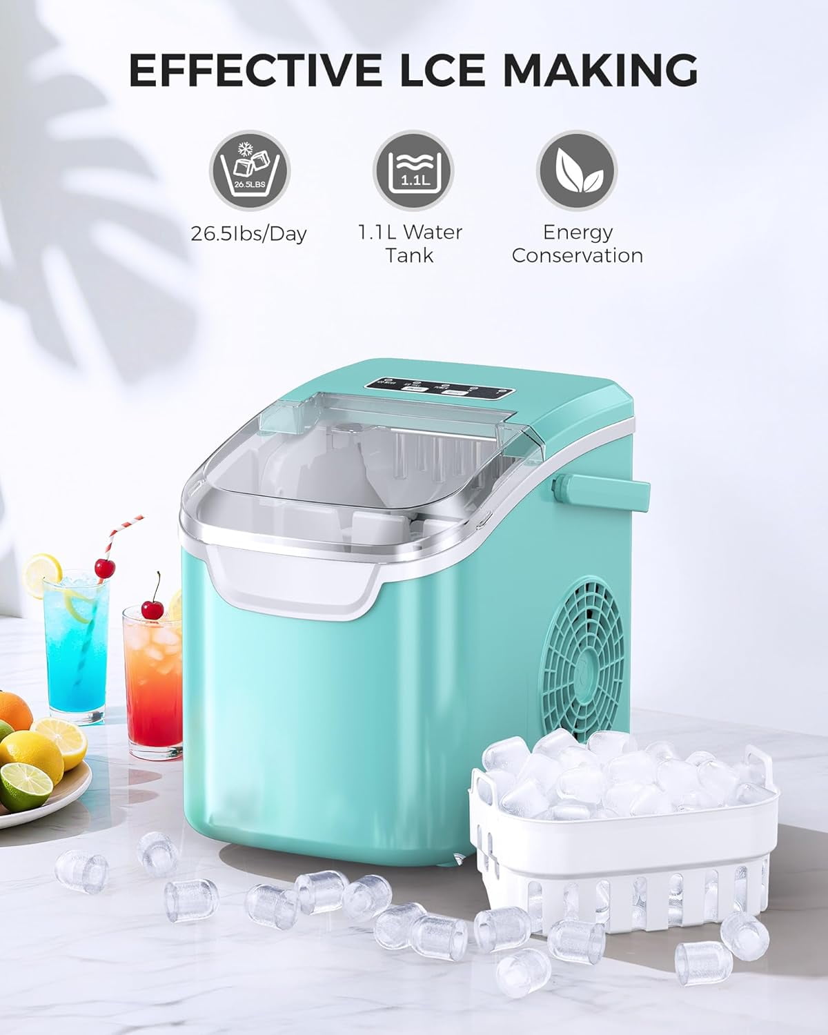 Havato Ice Makers Countertop with Handle, 26.5 Lbs / 24 H, 8 Cubes in 6 Mins, Portable Ice Machine with Self-Cleaning, Perfect for Home Kitchen (Green)
