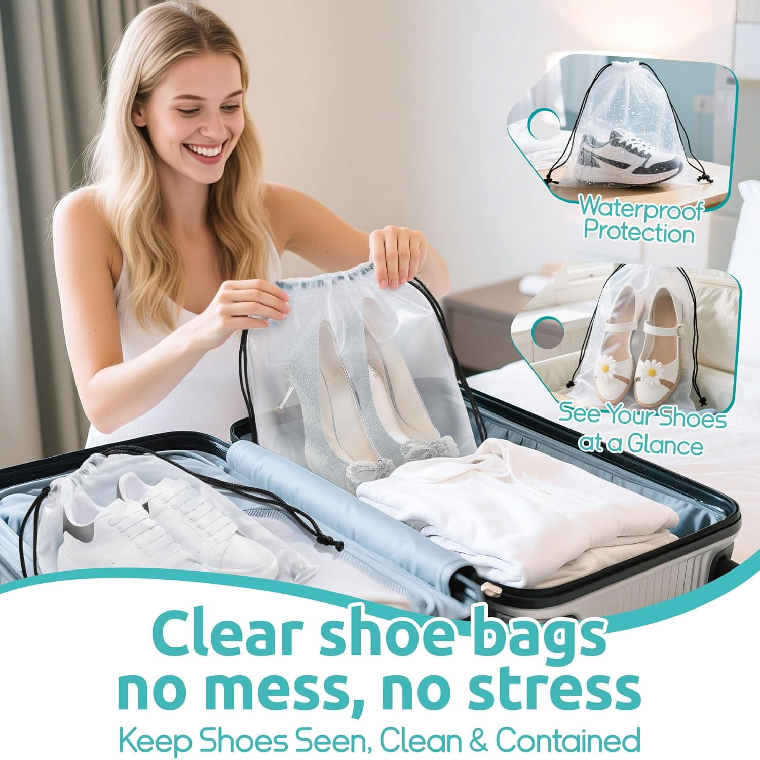 12-Piece Packing Cubes Set – Travel Essentials Luggage Organizer – Includes 4 Cubes + 3 Zip Pouches + 3 Waterproof Bags + 2 Shoe Bags – Lightweight Polyester – Beige/Pink/Black