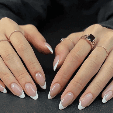 Ellie Vincy Press-On Nails – Classic White French Tip, Glossy Nude Base, Long Almond Shape, Reusable 15-Size Kit – 30 Nails with Glue & Sticky Tabs