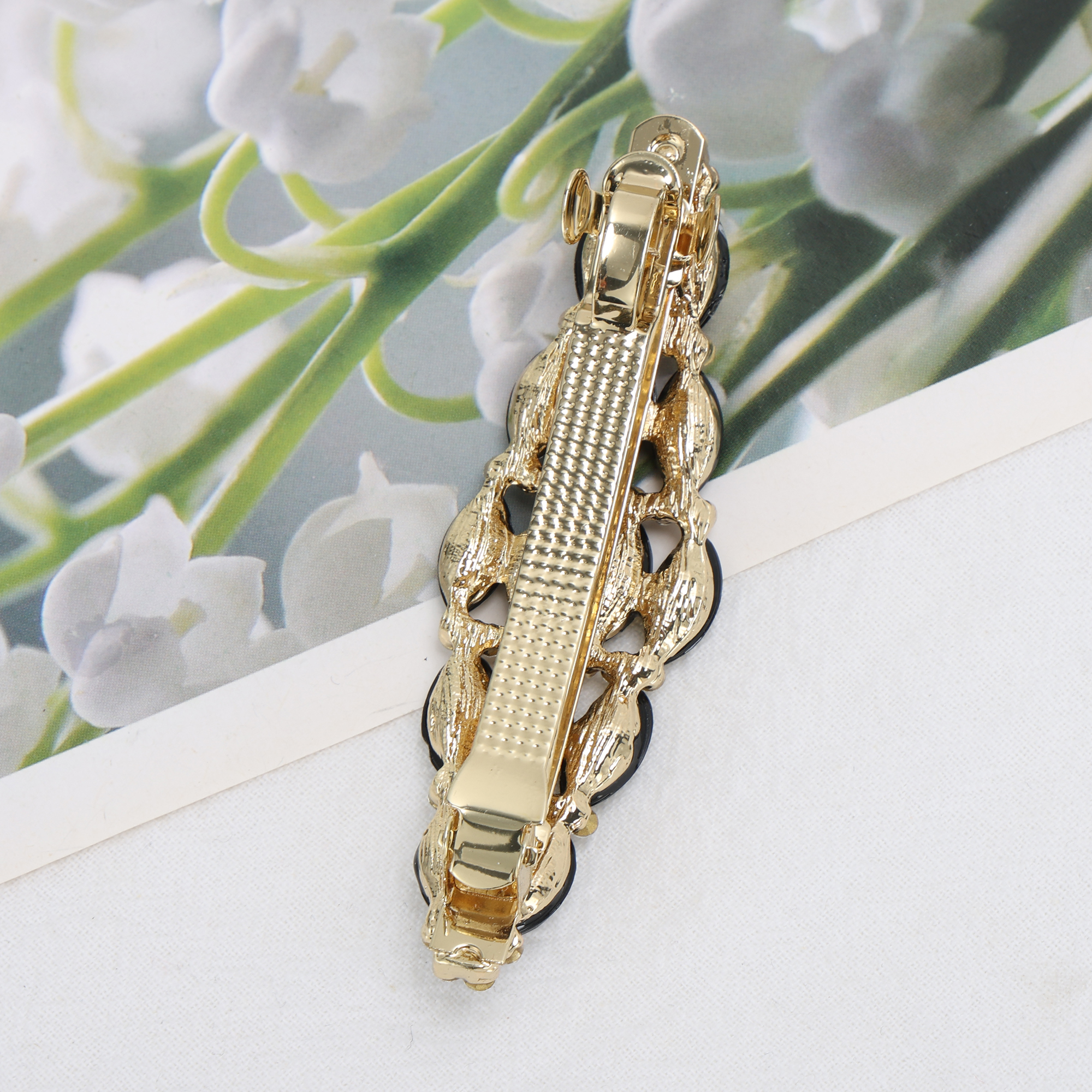 Unique Bargains Rhinestones Hair Barrettes 1 Pc Occasions Black, Gold Tone