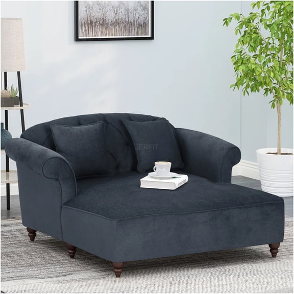 JERFIT Contemporary Chaise Lounge Loveseat with Accent Pillows, 2-Seater Fabric Sofa for Living Room, Charcoal