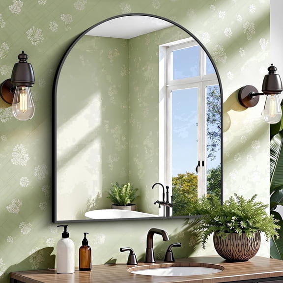 VONIGEE Arched Bathroom Mirror 30"x36"Black Aluminum Alloy Framed Shatterproof HD Tempered Glass