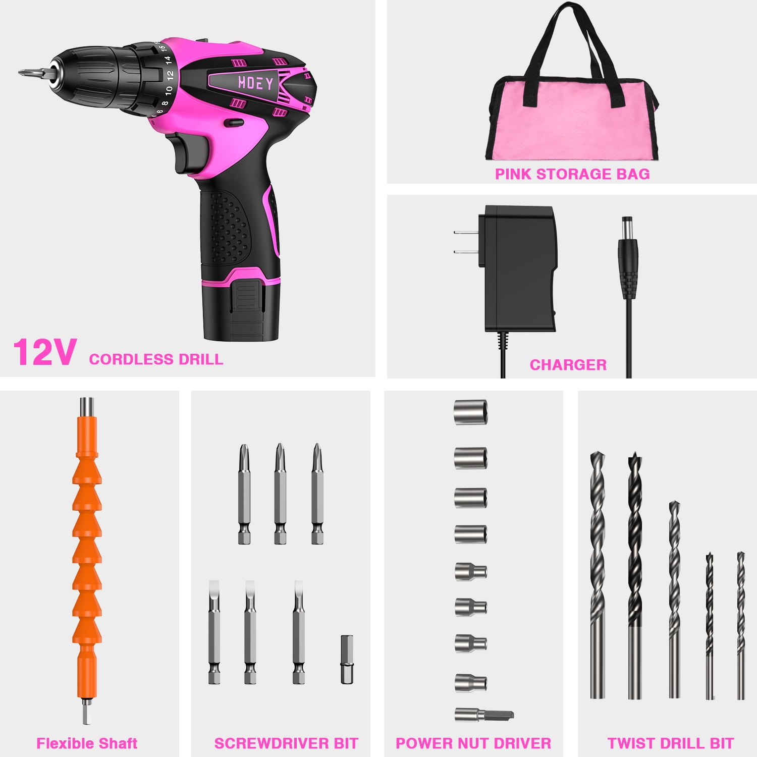 Pink Cordless Drill Set, 12V Power Drill Set Electric Screwdriver Driver Tool Kit for Women, 3/8" Keyless Chuck 1 Battery & Charger with Storage bag