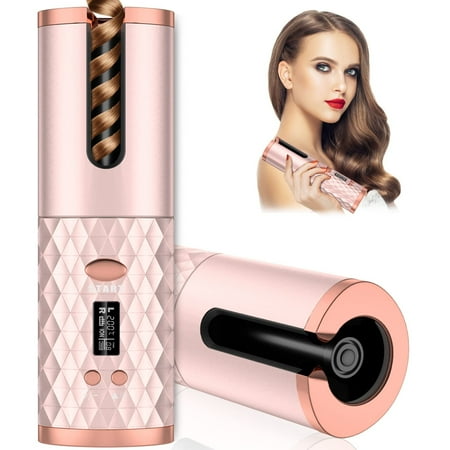 automatic curling iron, emlimny cordless hair curlers with adjustable temps & timers, ceramic barrel auto wave wand, portable rotating curling wand hair styling tool for travel