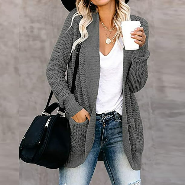WREESH Women Casual Soild Long Sleeve Pocket Plush Long Knit Cardigan  Sweater
