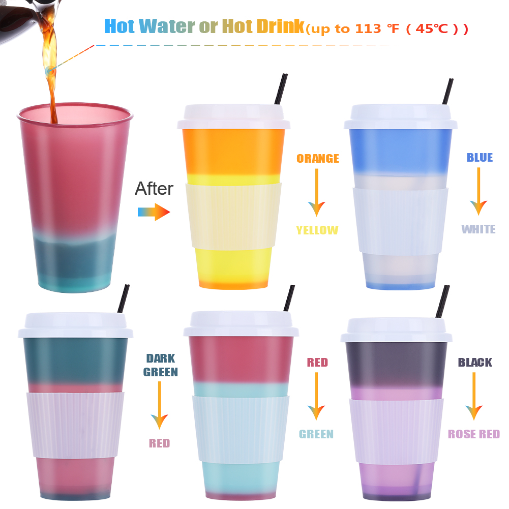 5 PCS Color Changing Cups Set for Hot Drinking, Reusable Cups with Lids and Straws, Creative Coffee or Milktea Tumbler Cups for Adults, Party and Daily Hot Water Cups 16oz - image 5 of 9