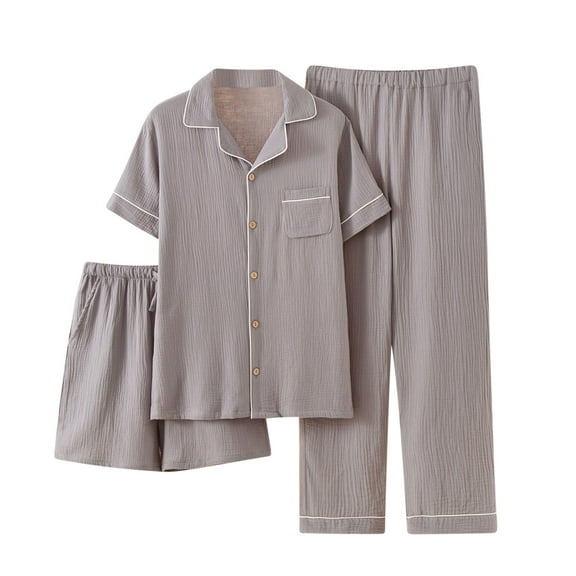 PRINxy Men's Summer Breathable Pajama Sets Short Sleeve Shirt Shorts and Pant Solid Button Down 3 Piece Sleepwear Set Lightweight Loungewear Gray L