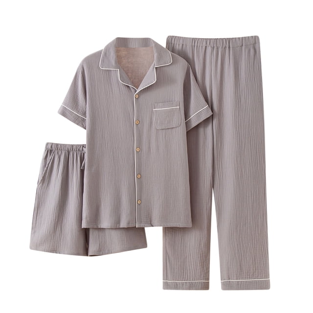 Pijama de verano para hombre, pantalones cortos finos de manga corta, conjunto de 3 piezas, ropa de casa de gasa de color sólido, conjunto de pijama transpirable para hombre, conjunto de pijama para h