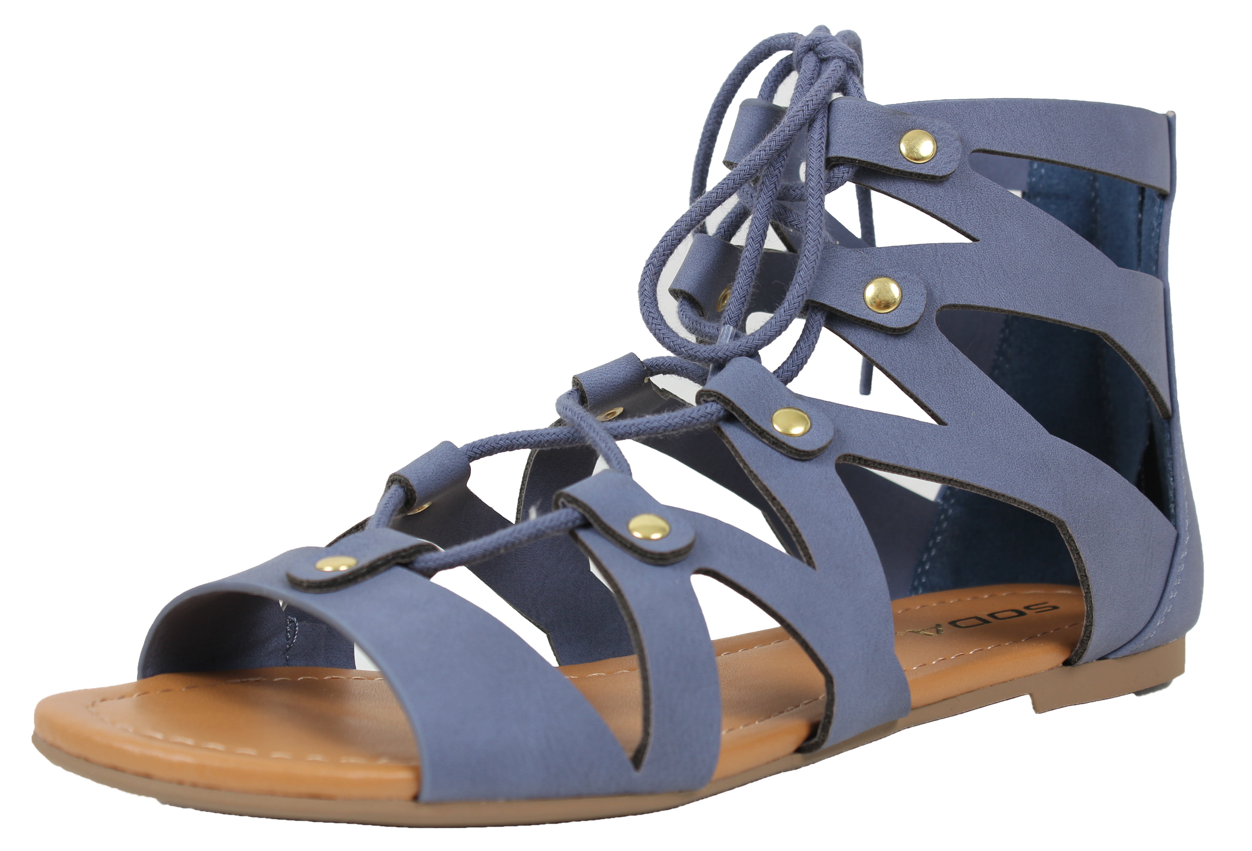 SODA - Soda Women's Open Toe Lace Up Strappy Ankle Flat Sandals (Blue ...