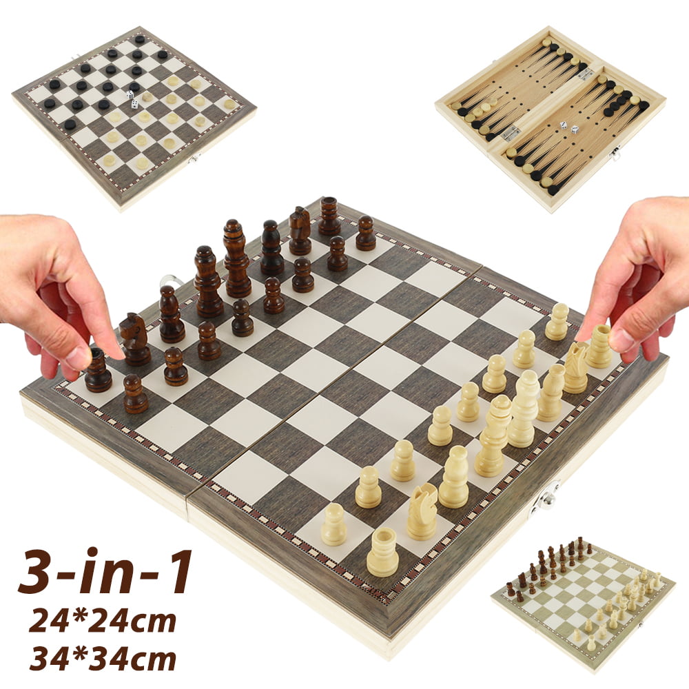 Large FOLDING WOODEN CHESS SET Board Game Checkers Backgammon Draughts Toys Gift 