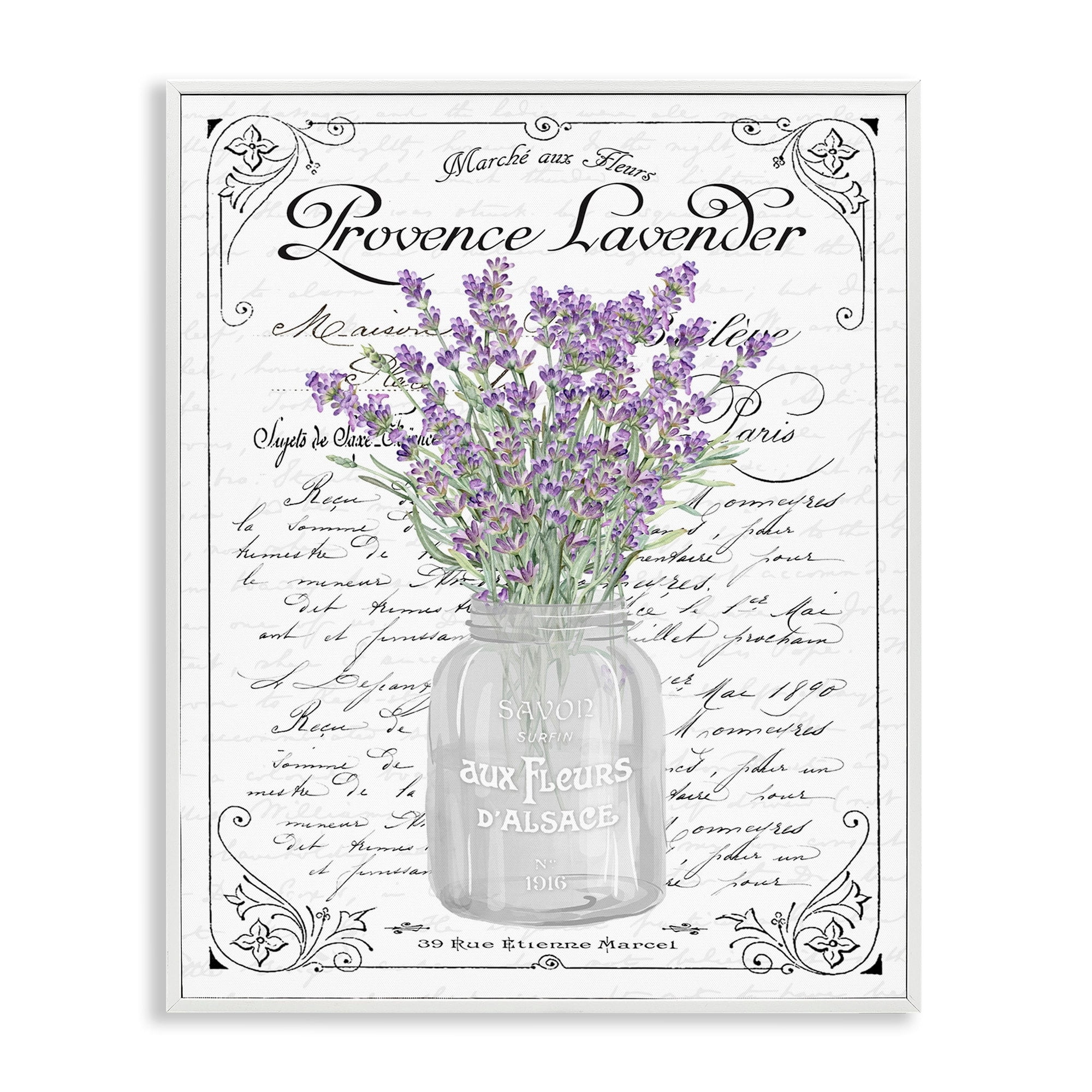 Stupell Industries Lavender Sprigs Bouquet Ornate French Script Motif Graphic Art White Framed Art Print Wall Art, Design by Lettered and Lined