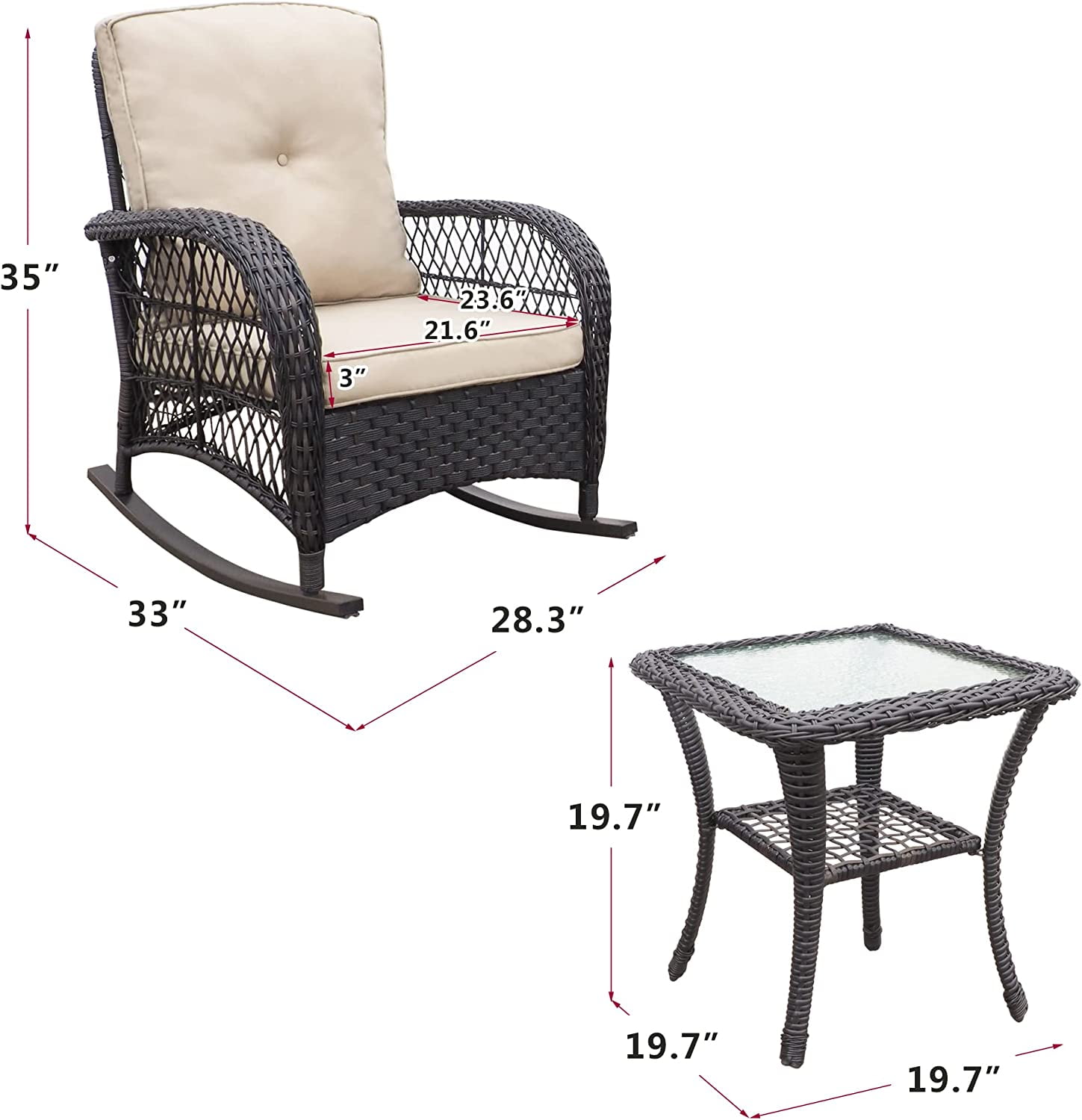 ATR 3-Piece Outdoor Patio Wicker Rocking Chairs Set,Rattan Rocker Chair Sets with Side Table for Porch,Khaki