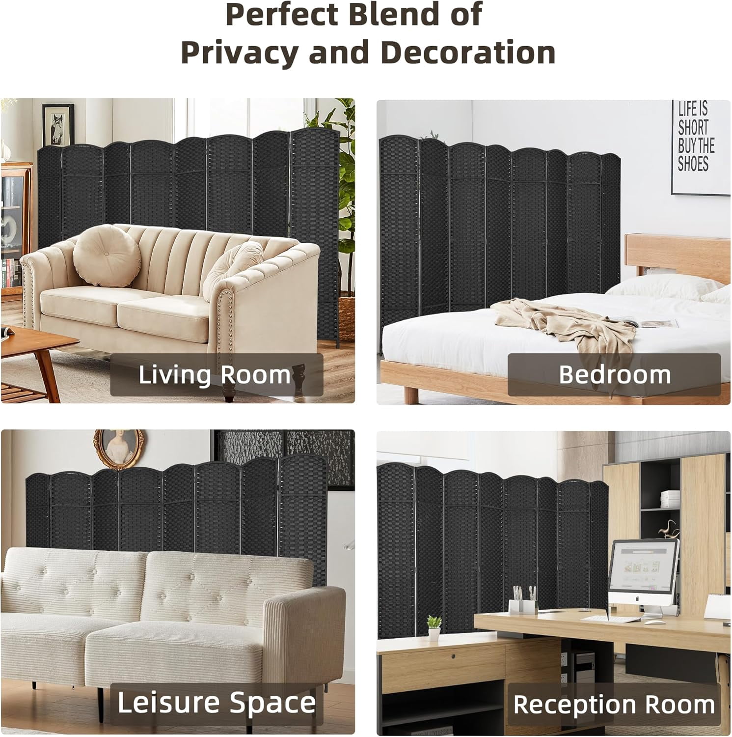CL.HPAHKL 8 Panel Room Divider, Folding Privacy Screen 5.57 FT Tall Portable Wooden Wall Divider, Black