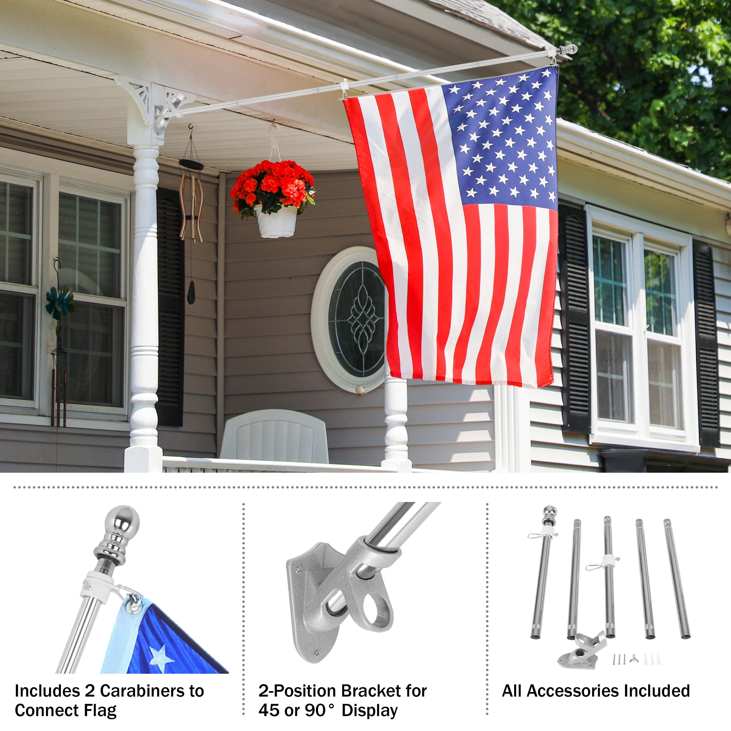 Pure Garden 6ft Stainless-Steel Flag Pole Kit with Rotating Rings, Silver