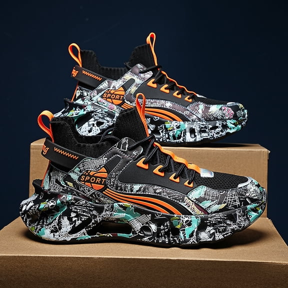 Men's Lace-up Graffiti Trendy Blade Type Sneakers - Breathable - Running Shoes And Shock-absorbing