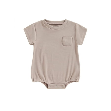 

Eyicmarn Girls Boys Romper Tops Summer Short Sleeve Round Neck Chest Pocket Baby Short Jumpsuit