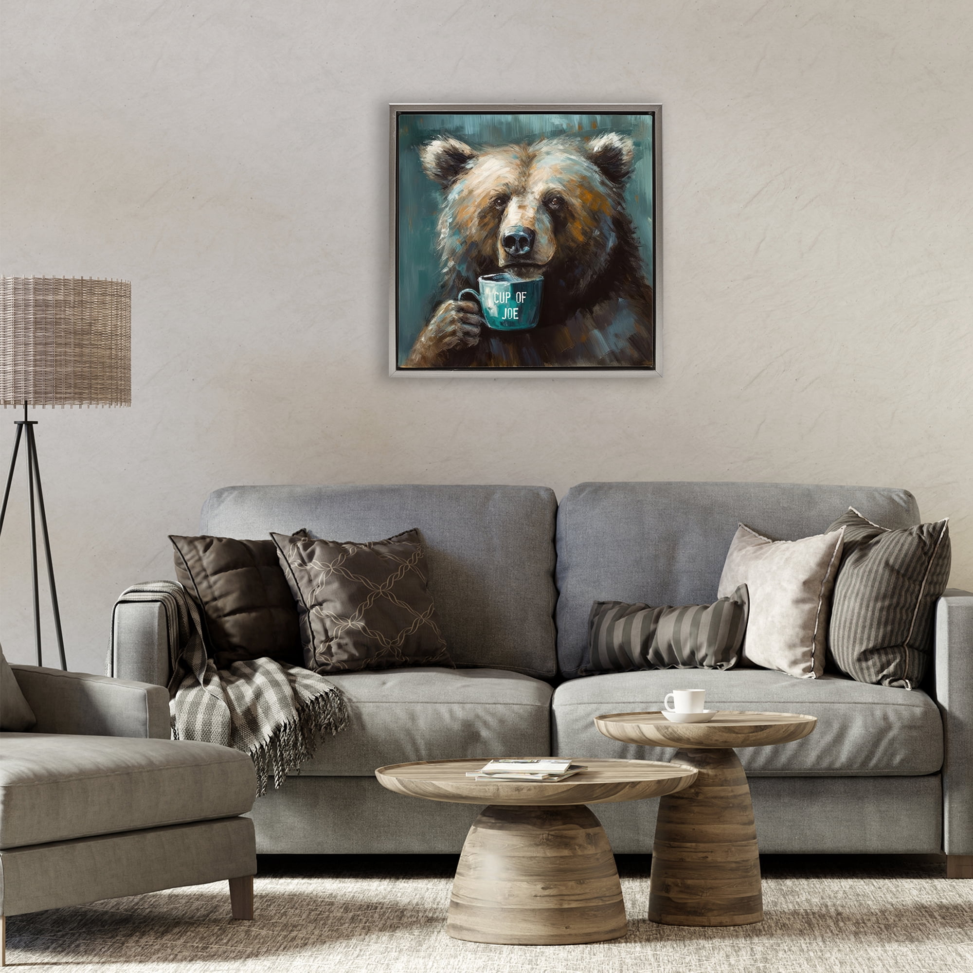 Stupell Industries Bear with Cup Of Joe Gray Framed Floater Canvas Wall Art, design by Tina LeCour