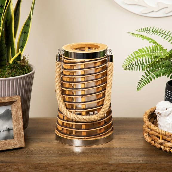 Northlight Tapered Rattan Glass Candle Lantern with Jute Handle - 10"