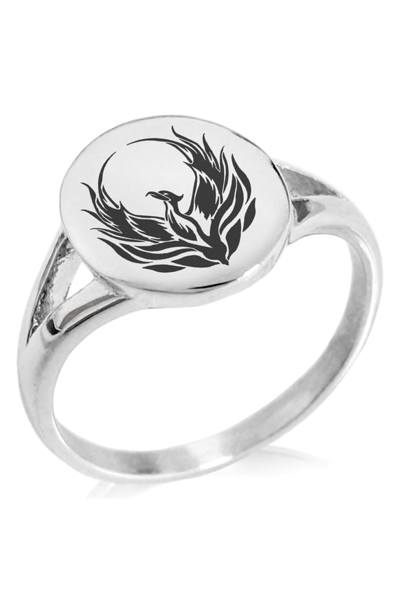 Stainless Steel Greek Mythology Phoenix Minimalist Oval Top Polished Statement Signet Ring