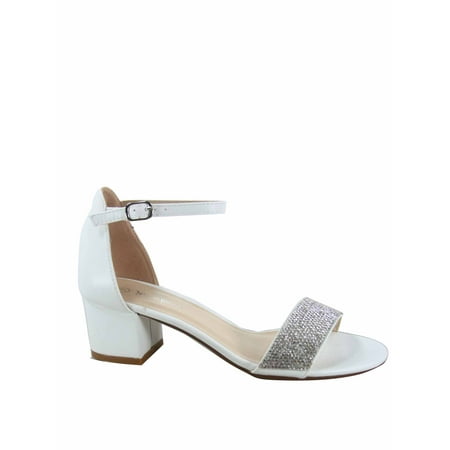 Eldred Women s Open Toe Ankle Strap Buckle Low Chunky Heels Causal Sandals Shoes ( White Rhinestone  6)