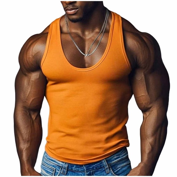 Ecqkame Men Fitness Tank Tops Solid Color Casual Sleeveless Crew Neck Muscle Exercise Shirts Running Training Gym Top Orange XXL