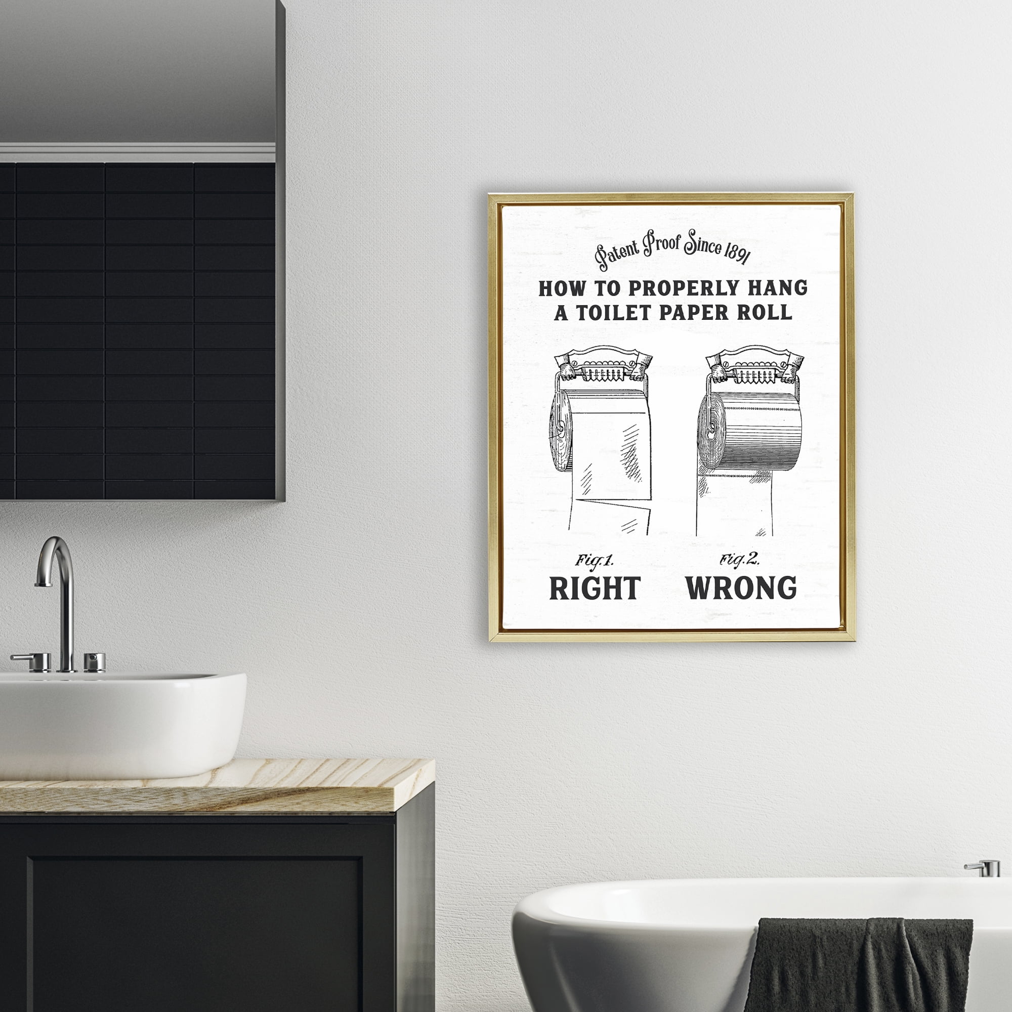 Right & Wrong Toilet Roll Gold Framed Floater Canvas Wall Art, design by Lettered and Lined
