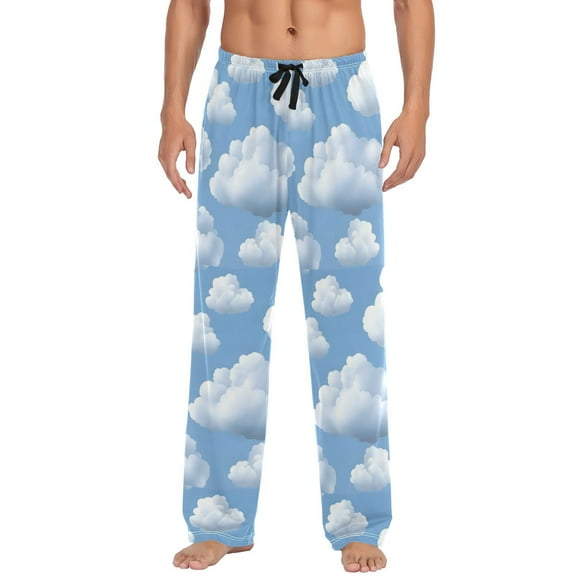 Men's Lightweight Pajama Bottoms White Clouds and Blue Sky Stretch Elastic Waist Side Pockets Spring Fall