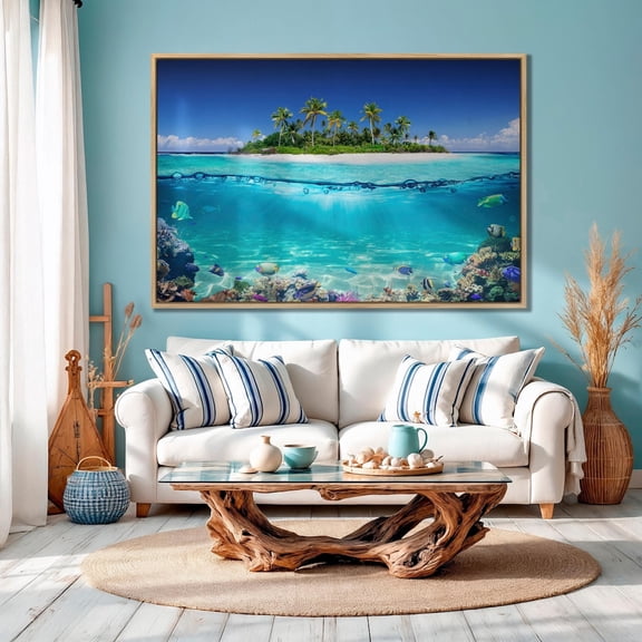 Tropical Island And Coral Reef Bedroom Wall Decor Split View With Waterline Beach Wall Art Palm Tree Tropical Beach, Unframed Poster Size 16x24
