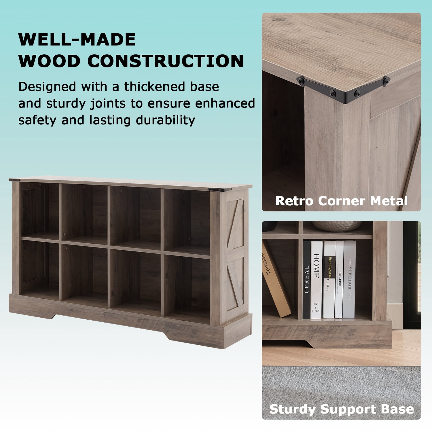 8-Cube LED Bookshelf - Mid-Century Modern Wood Storage Shelf for Bedroom, Living Room & Office, Gray