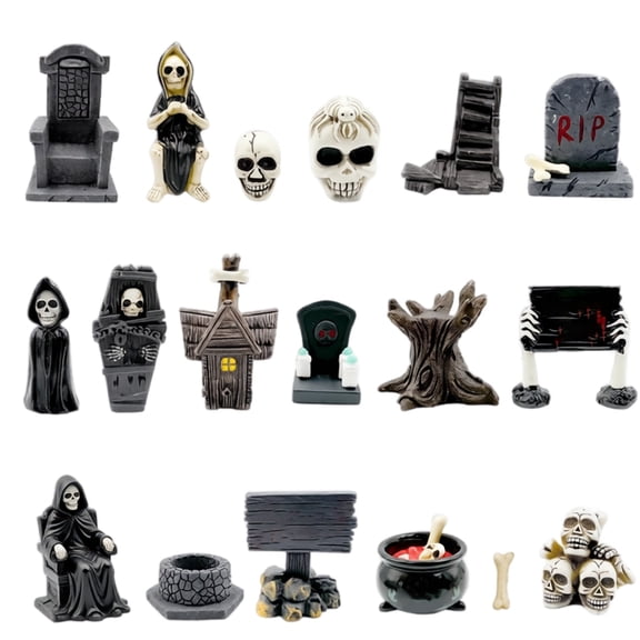 18 Pcs Halloween Miniature Figurines, Resin Tombstone Skull Coffin Scene Ornaments for Tabletop Home Party Decor