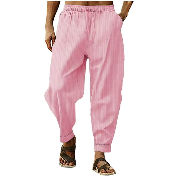 HOOMEUMY Mens Jogger Pants Fashion Solid Color Drawstring Elastic Waist Casual Capri Trousers Lightweight Baggy Pants with Pockets (Pink,L)