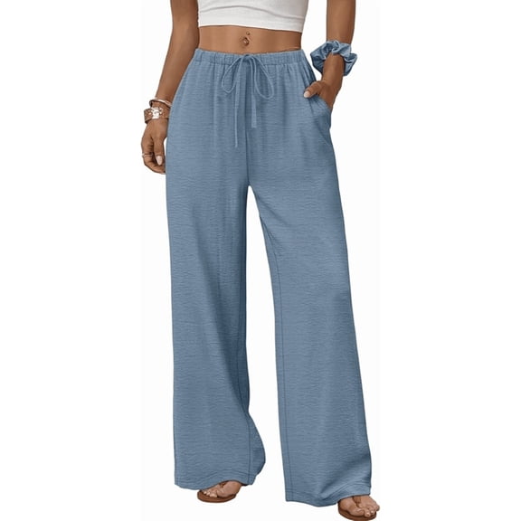 Olaglory Wide Leg Pants for Women Flowy Palazzo Drawstring Elastic Waist Trousers with Pockets Summer Beach Vacation Clothes, Earth Blue