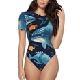thumbnail image 1 of Bingfone Playful Whales Underwater Scene Pattern Women's Round Neck Bodysuit, Tight Snap Button Short Sleeve Bodysuit, Suitable for Party, Sports, Daily Wear-Large, 1 of 7