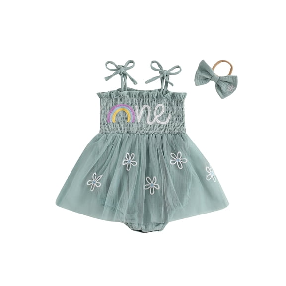 YASUTNKS Baby Girl 2Pcs Birthday Outfits Sleeveless Tie Strap Romper Tulle Dress with Headband Set Newborn Clothes