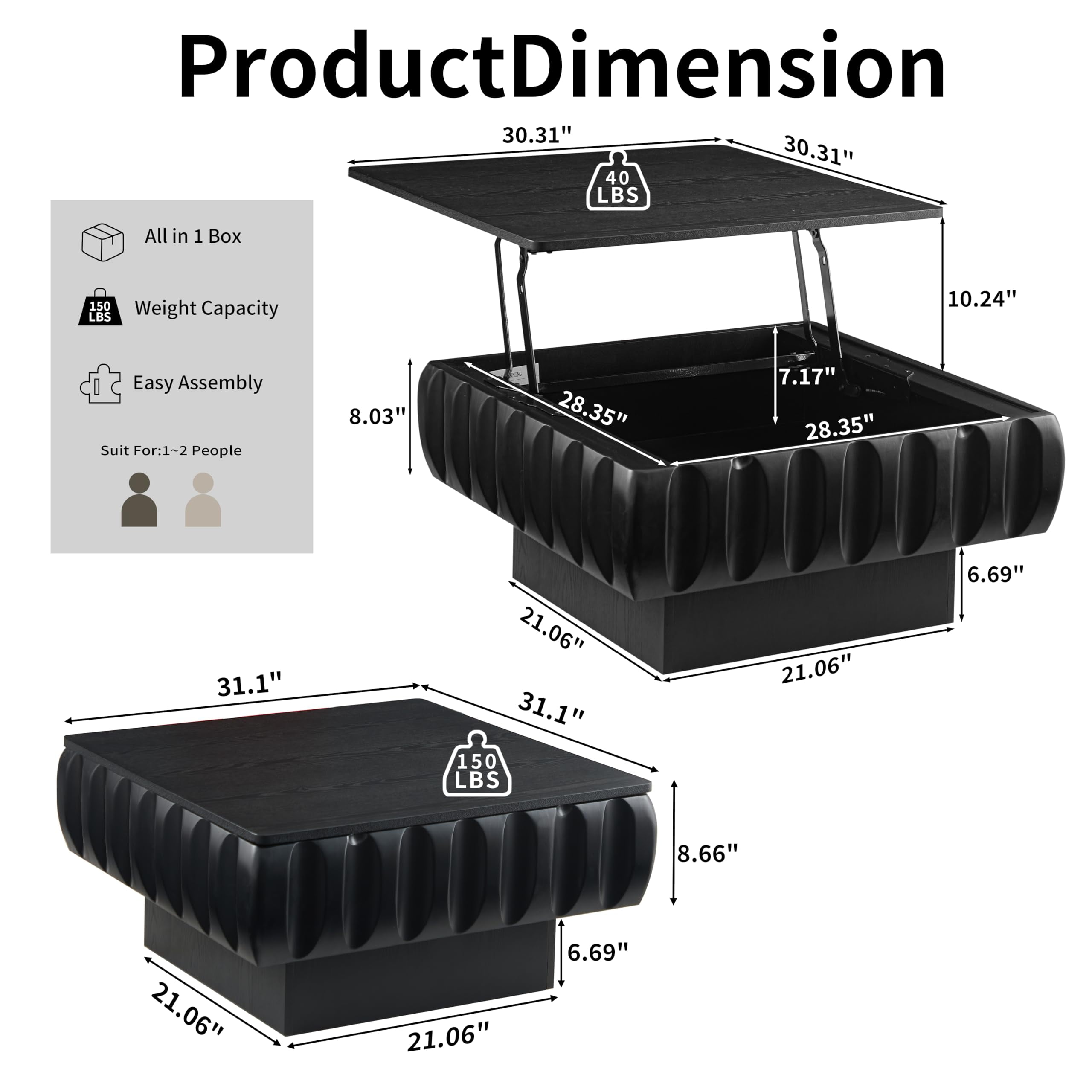 Lift Top Coffee Table with Hidden Storage, 31 inch Solid Wood Fluted Design for Small Space Living Room, Black