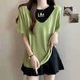 thumbnail image 5 of Tops de manga corta de dos piezas falsos de talla grande para mujer, camisetas holgadas con letras en contraste, ropa informal de verano nueva, 5 of 5