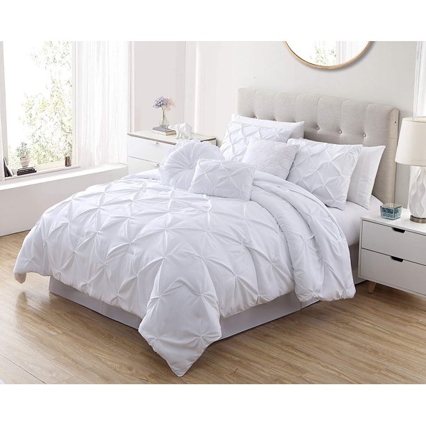 Chezmoi Collection Sydney 7Piece Pintuck Comforter Set, Queen, White
