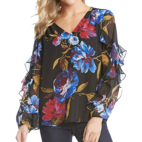 Karen Kane Womens Ruffle Sleeve Pullover Blouse, Black, X-Small